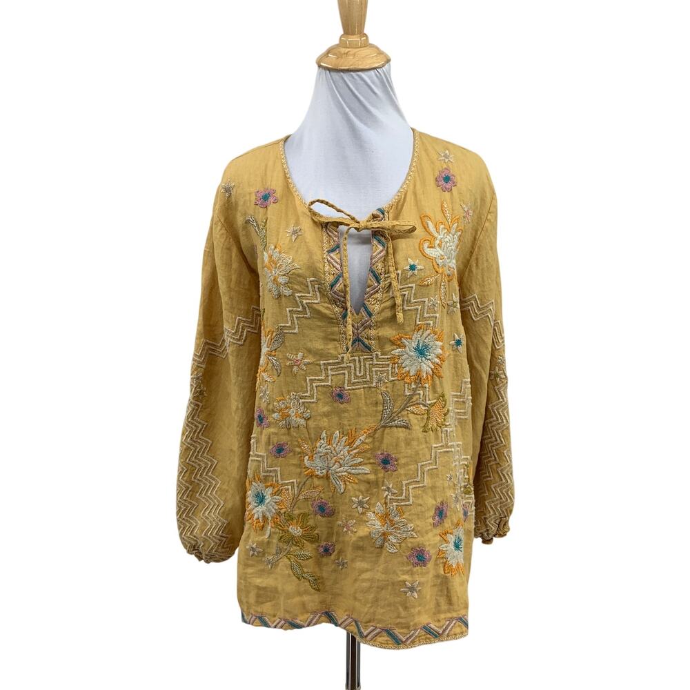 Johnny Was Top Womens XL Mustard Elia Easy Linen Split Neck Floral Embroidered